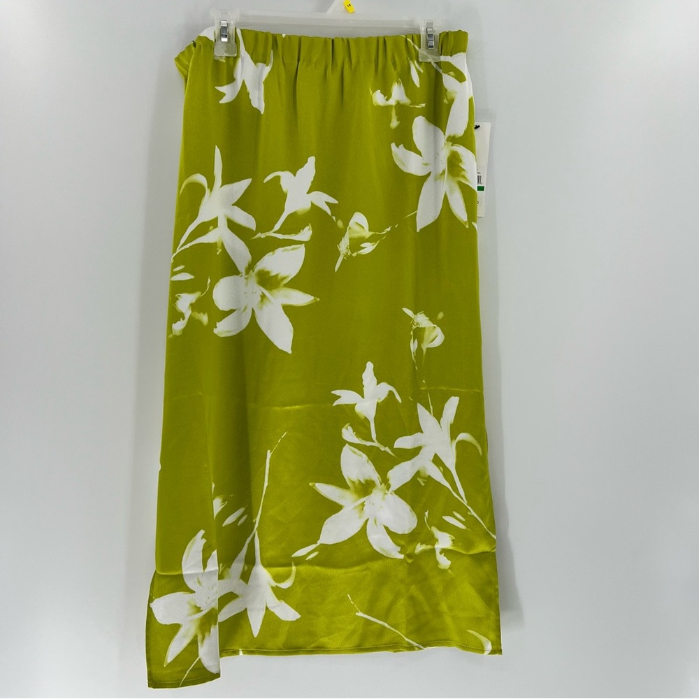 Calvin Klein Floral Midi Skirt Womens Large NWT Lime Green White Elastic Waist